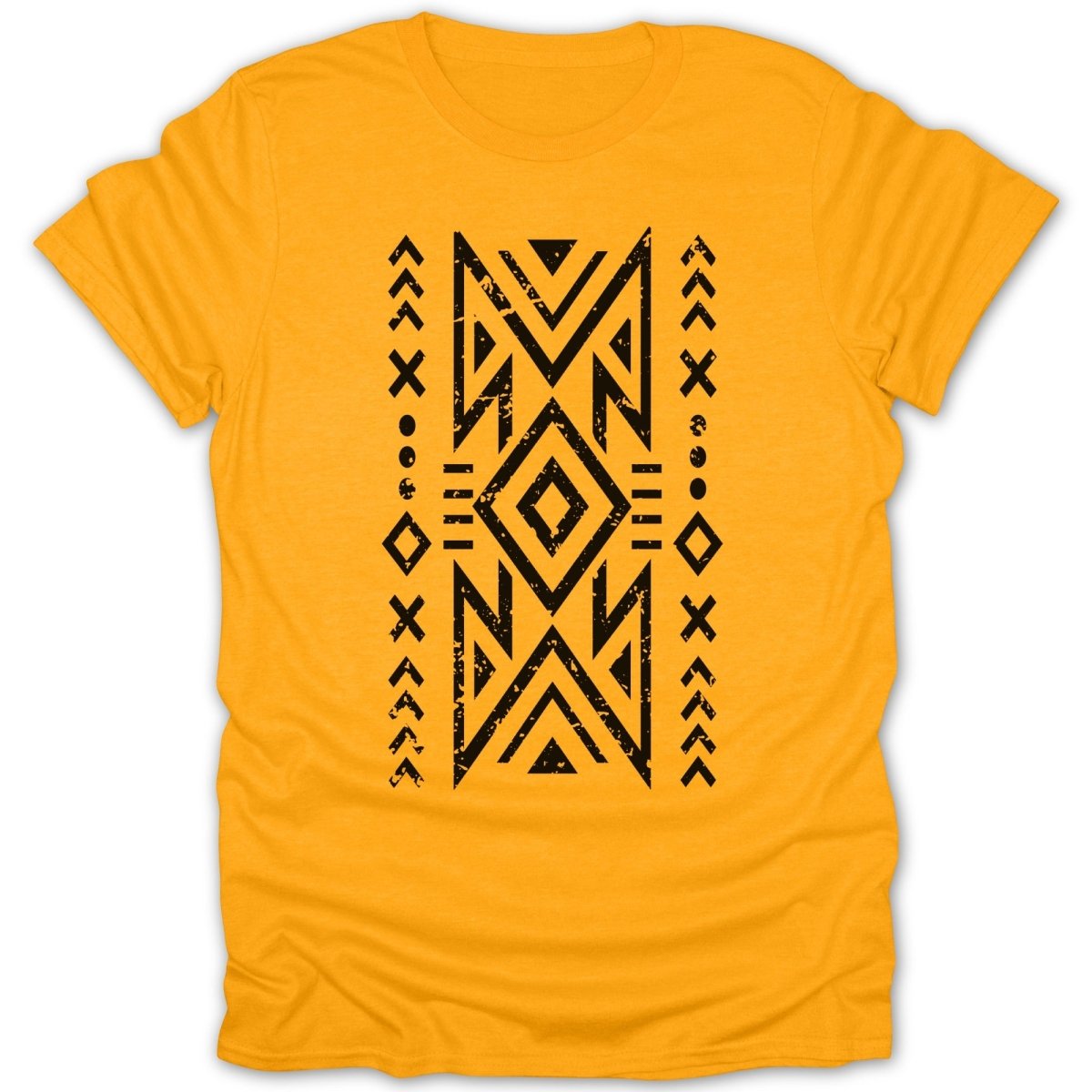 Yellow t-shirt with a black geometric tribal pattern design.