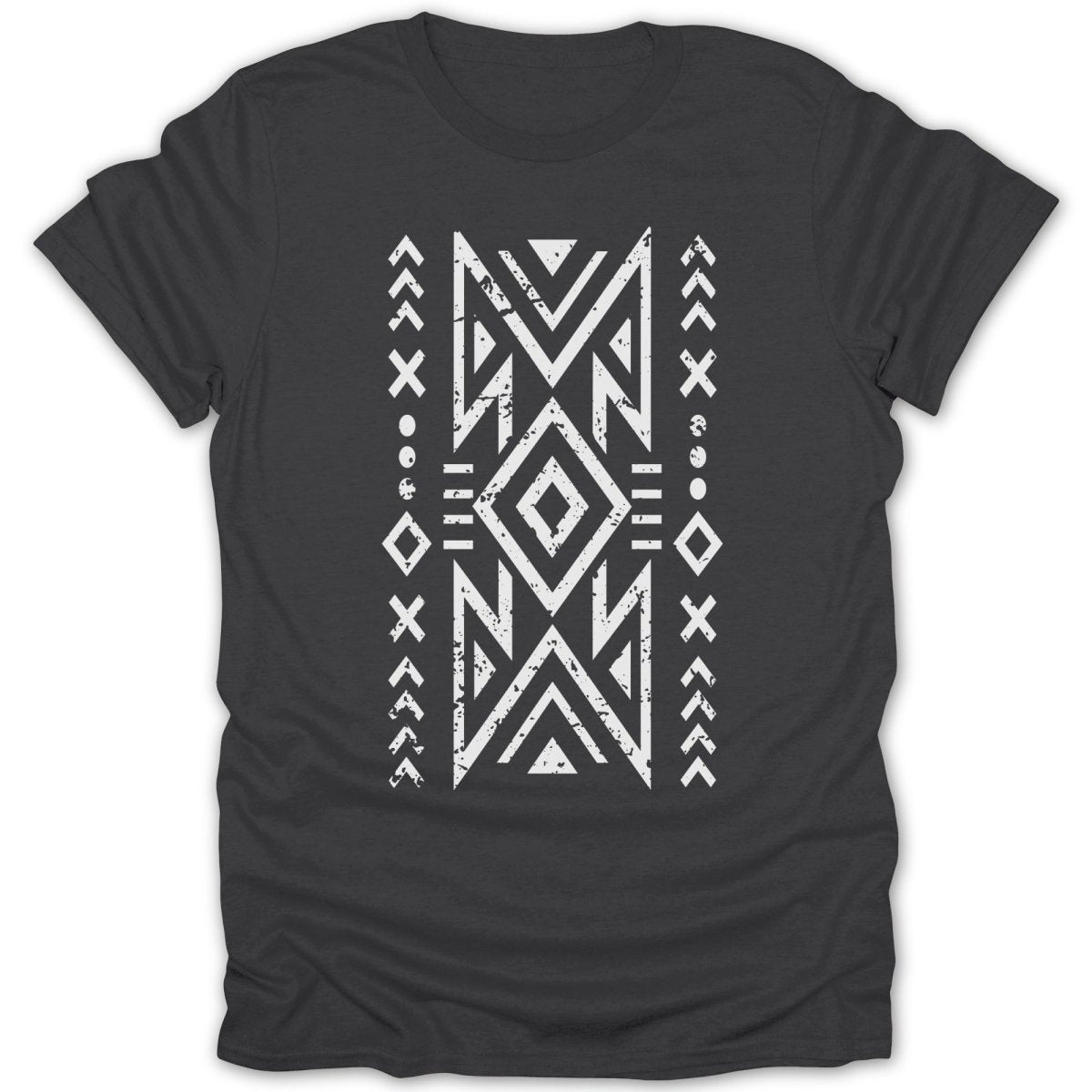 Dark t-shirt with a white geometric tribal pattern across the chest.