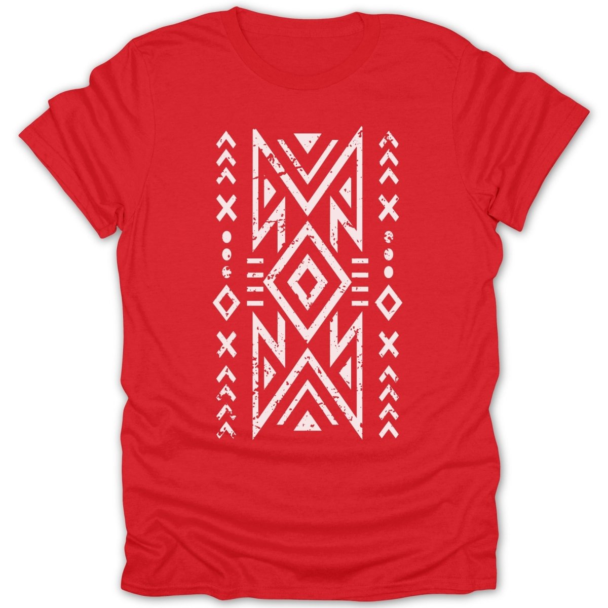 Red t-shirt with white geometric tribal pattern.