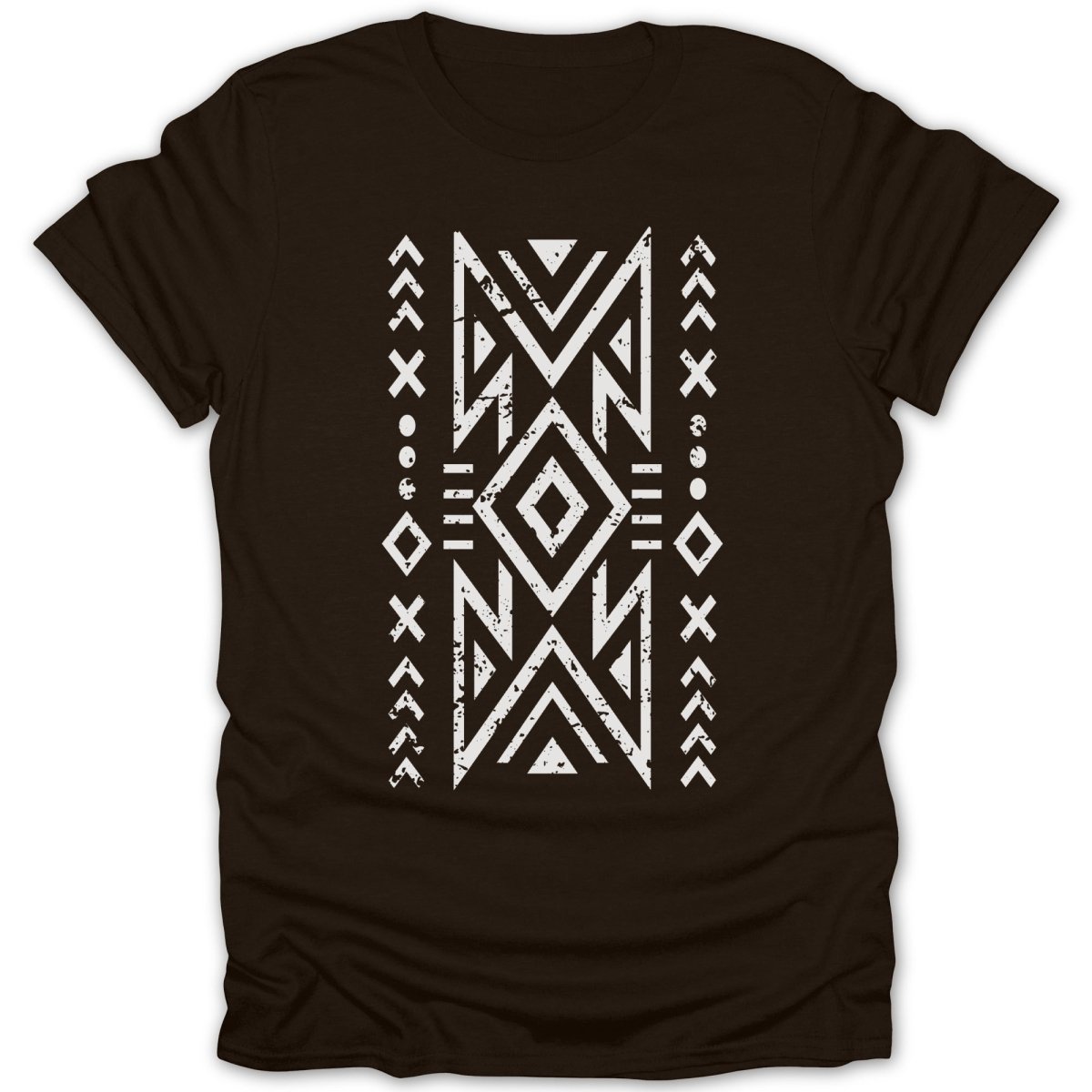 Dark brown t-shirt with a white geometric tribal pattern design.