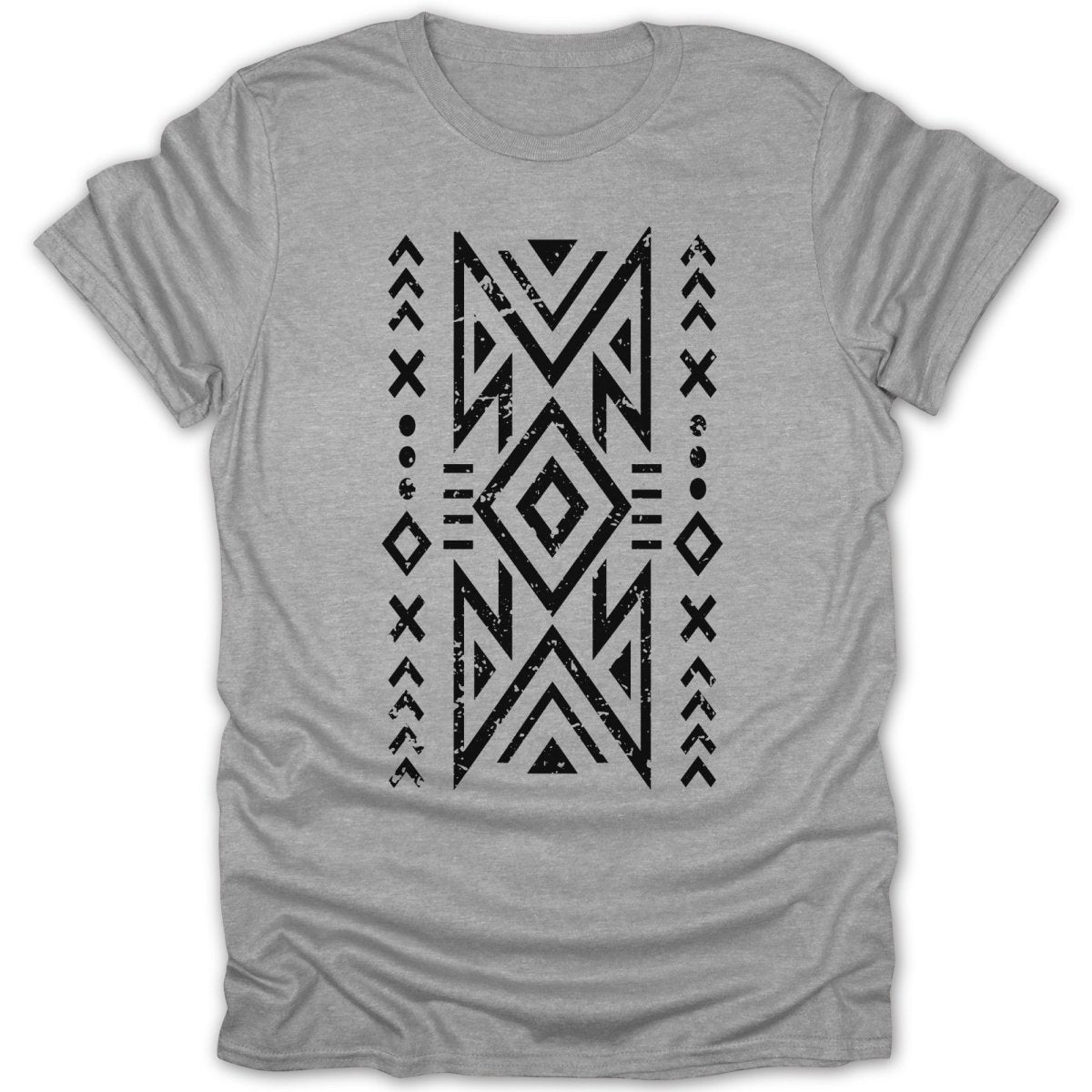 Gray t-shirt with a black geometric tribal pattern.