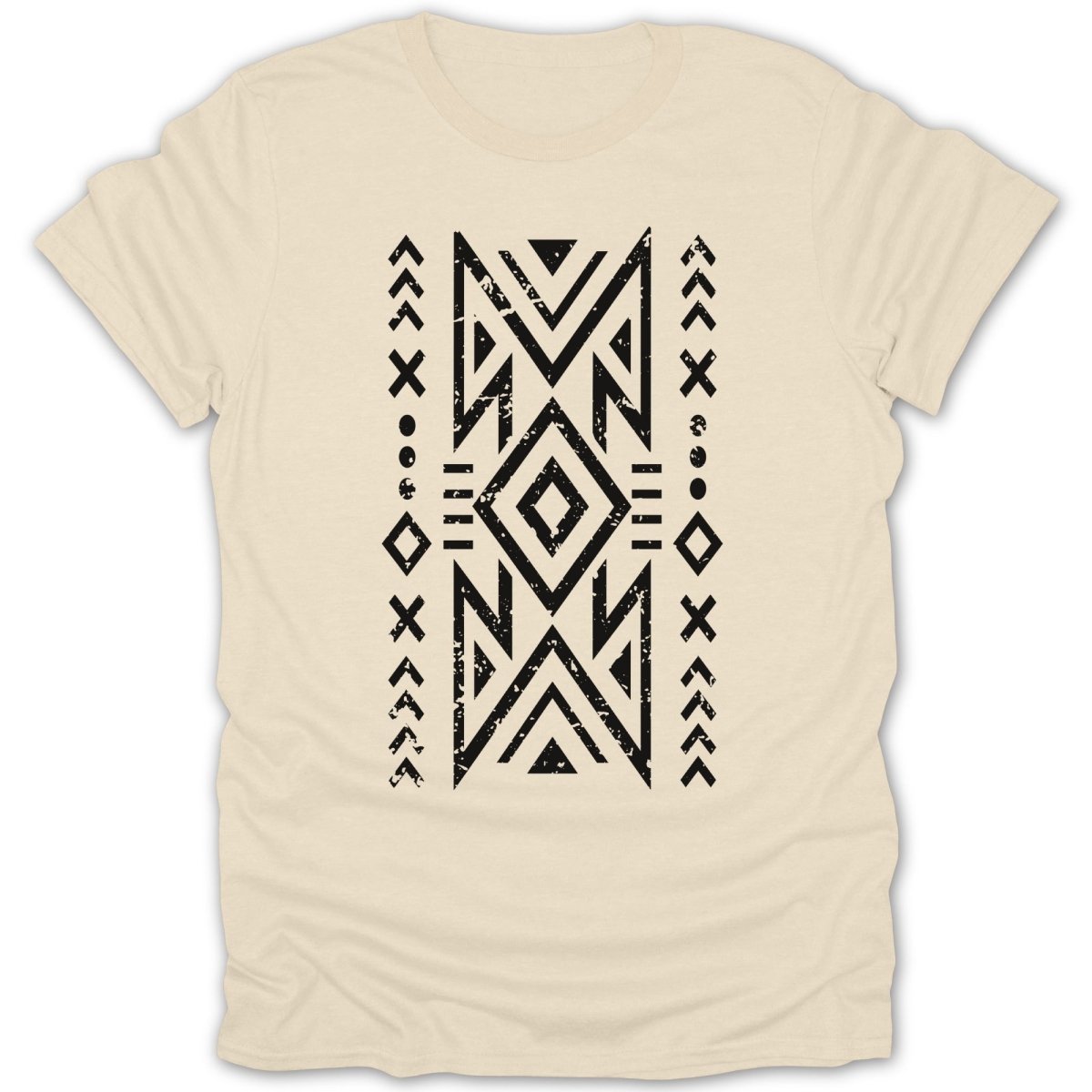 Cream t-shirt with black geometric tribal pattern.
