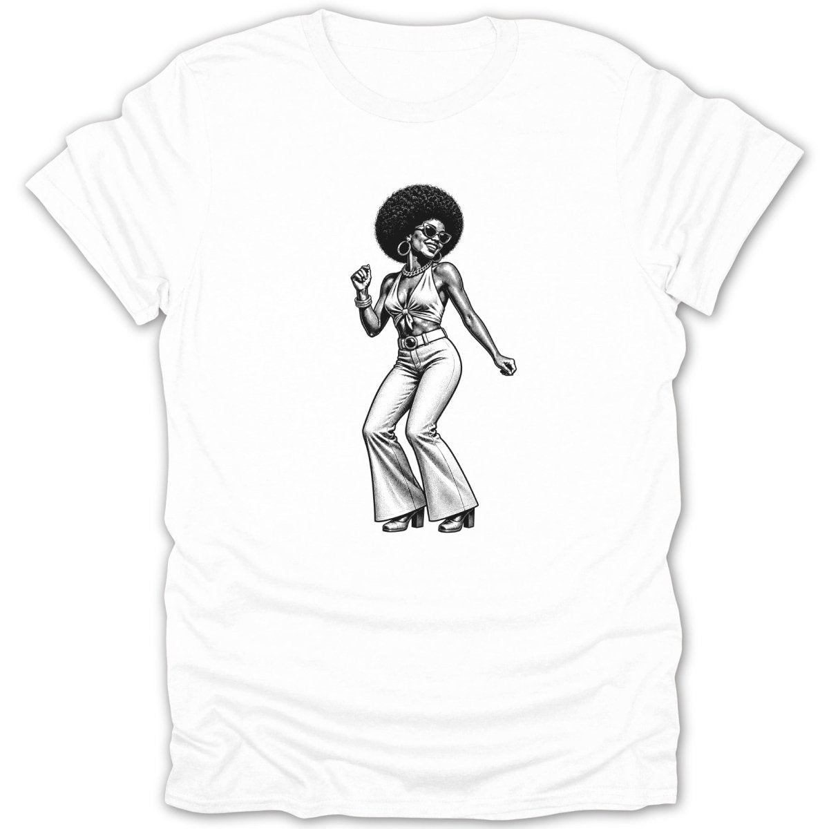 Black and white illustration of a woman with an afro dancing in flared pants and a halter top.