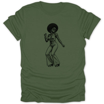 Black and white illustration of a woman with an afro dancing in bell-bottom pants.