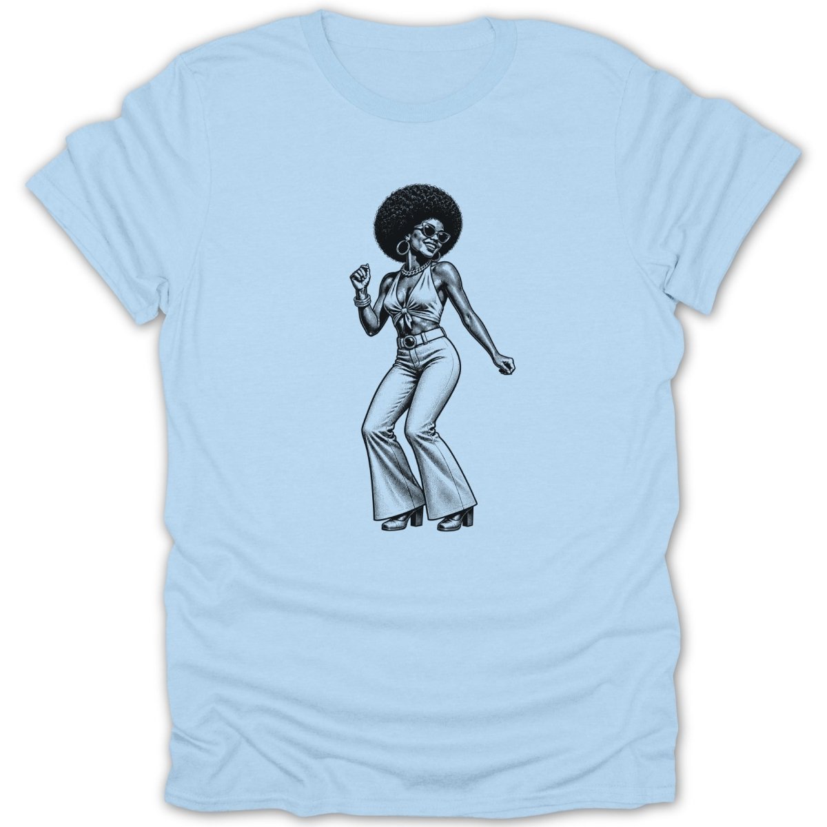 Black and white illustration of a woman with an afro dancing in 70s attire on a light blue shirt.