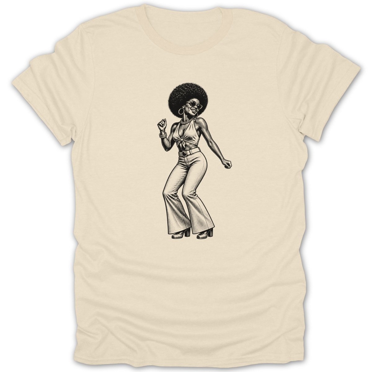 Black and white illustration of a woman with an afro dancing in bell-bottom pants.