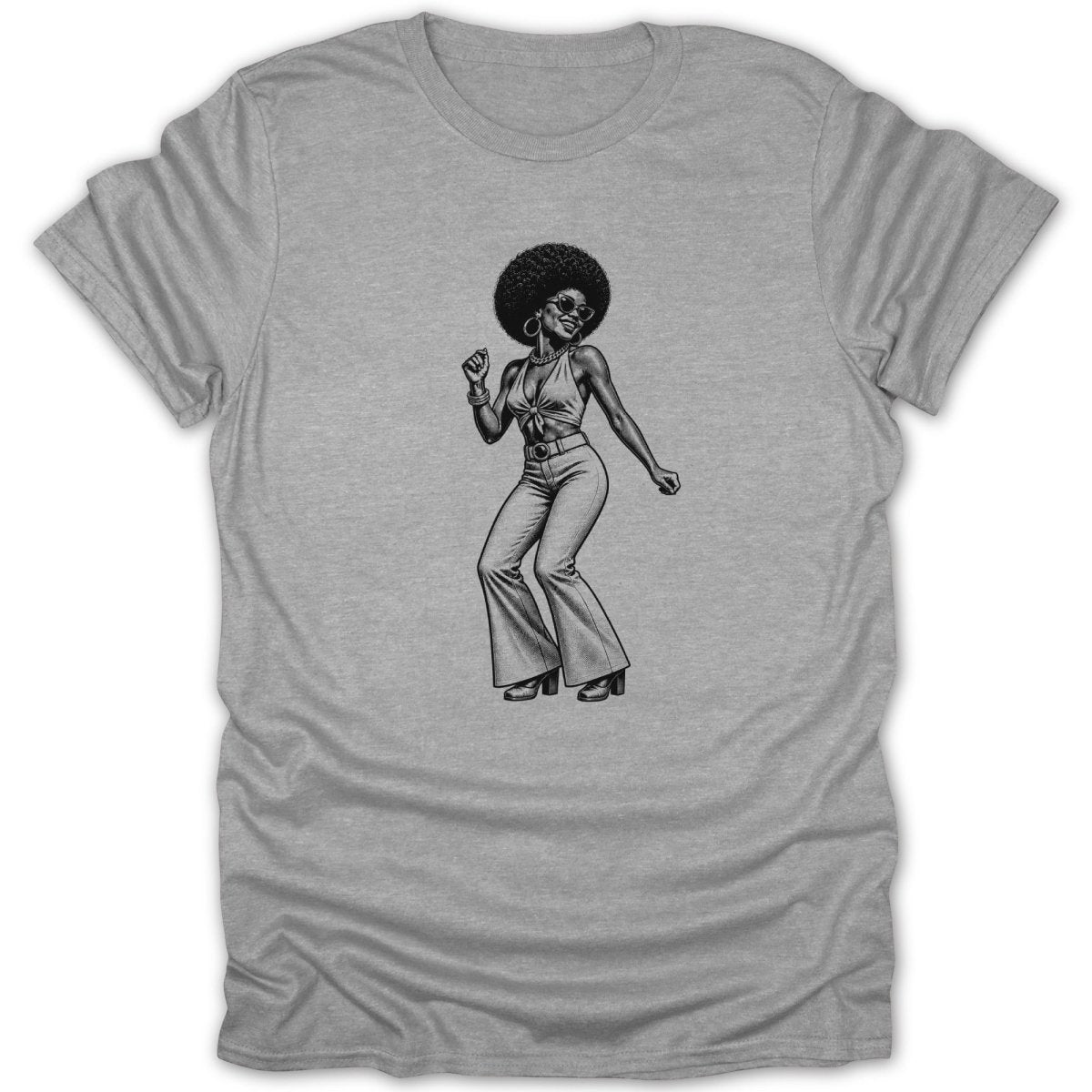 Black and white illustration of a woman in a disco outfit dancing on a grey t-shirt.