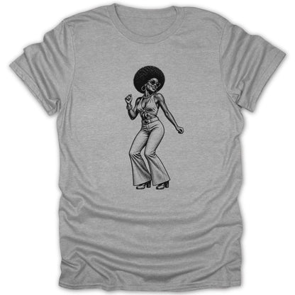 Black and white illustration of a woman in a disco outfit dancing on a grey t-shirt.