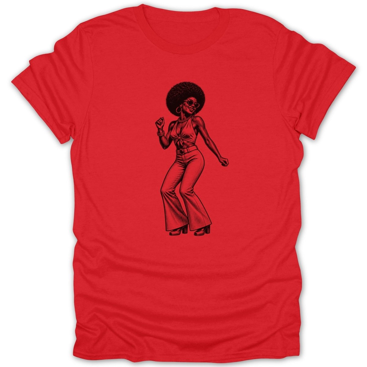 Black ink drawing of a disco dancer with an afro on a red t-shirt.