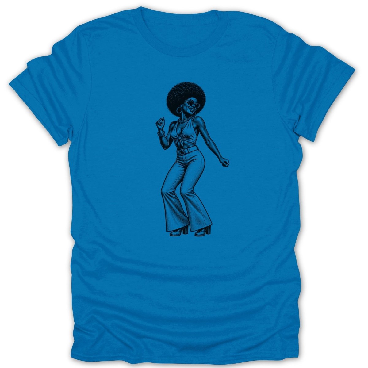 Blue t-shirt with a vintage drawing of a woman with an afro dancing.