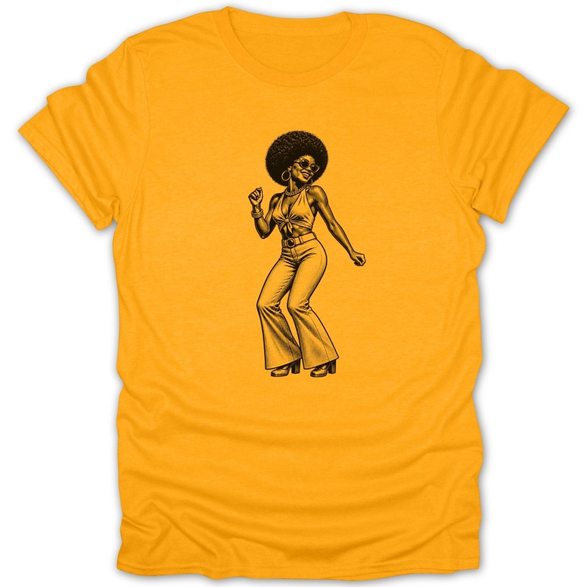 Illustration of a woman with an afro dancing in 1970s disco attire on a yellow t-shirt.
