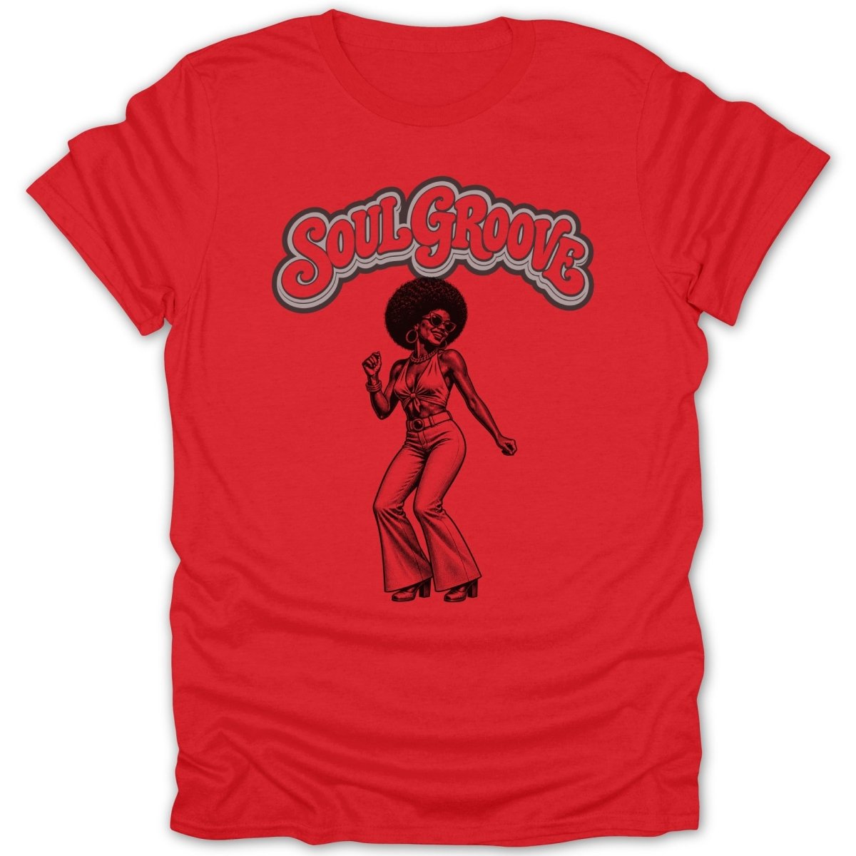 Red t-shirt with "Soul Groove" text and a dancing disco woman.