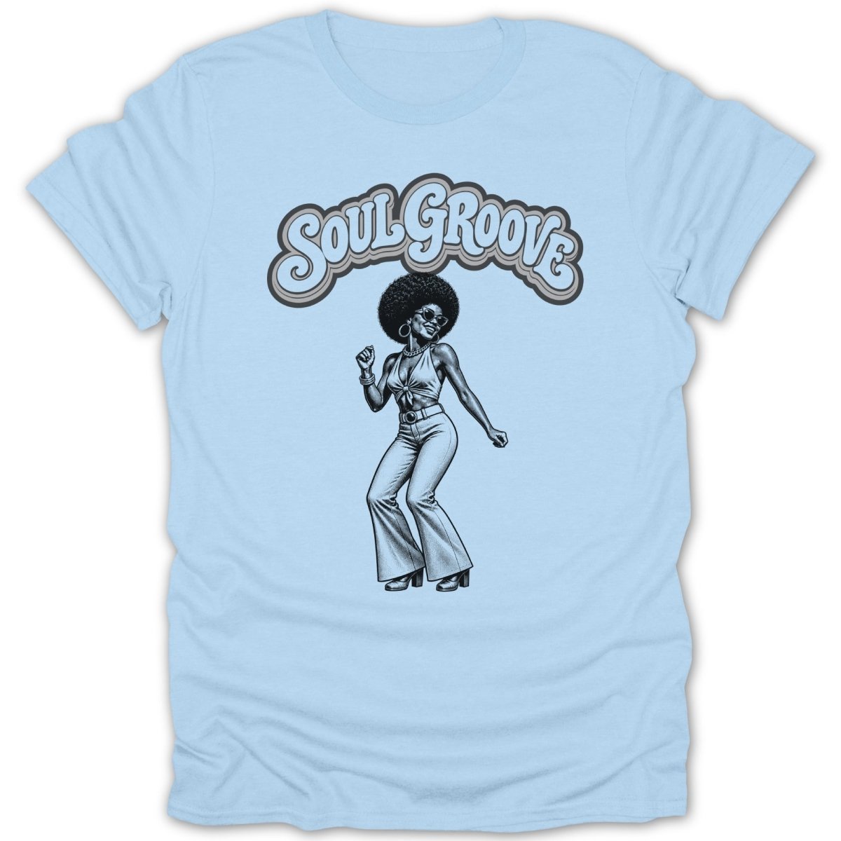 Light blue t-shirt with "Soul Groove" text and a woman dancing.