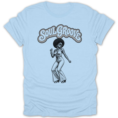 Light blue t-shirt with "Soul Groove" text and a woman dancing.