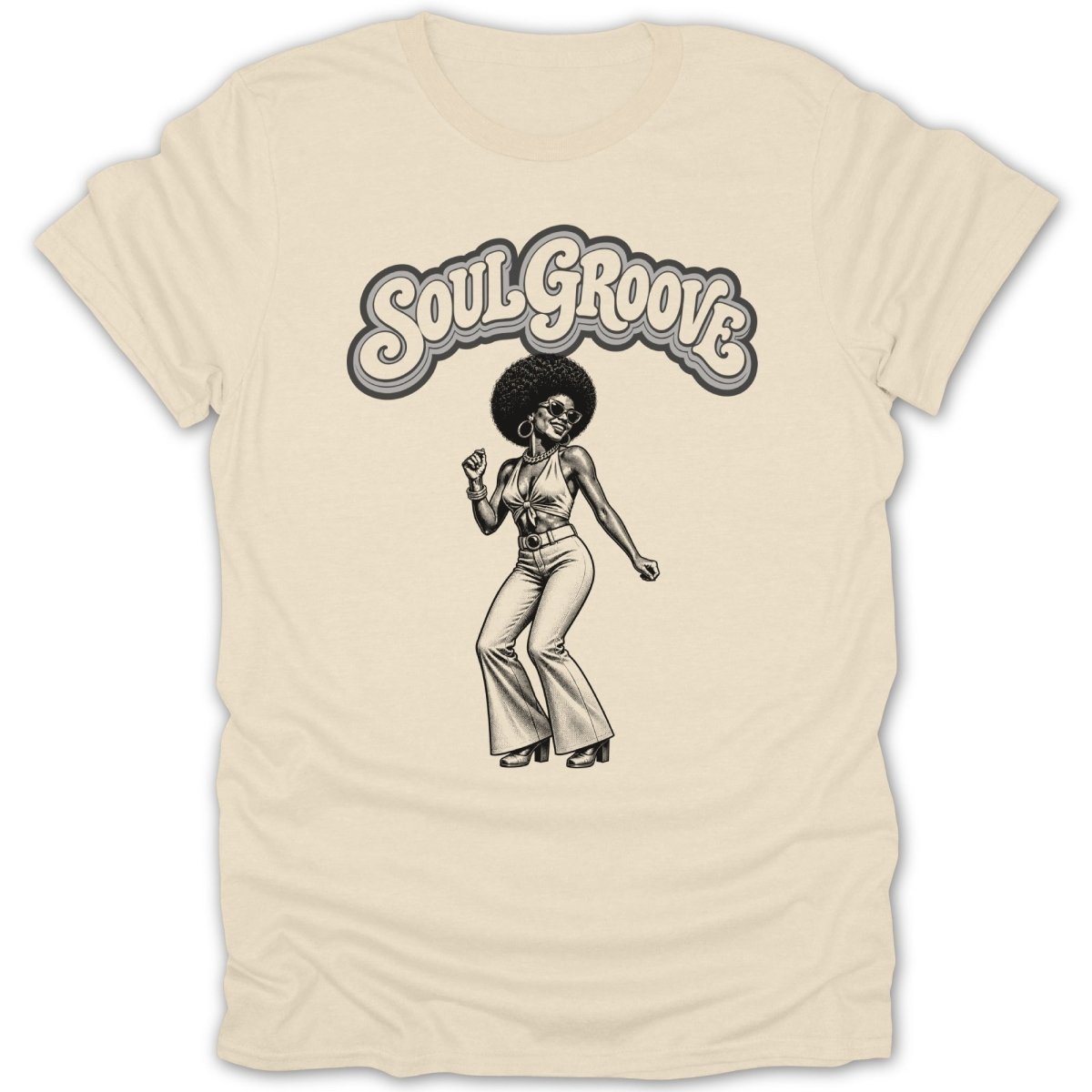 Cream t-shirt with "Soul Groove" text above a woman dancing in bell bottoms.