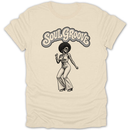 Cream t-shirt with "Soul Groove" text above a woman dancing in bell bottoms.