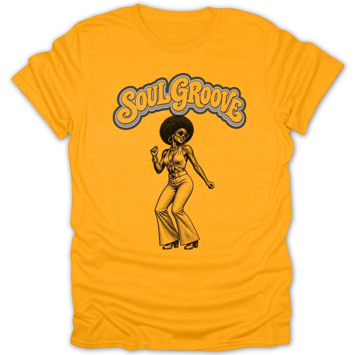 Yellow t-shirt with "Soul Groove" text and a woman dancing in disco attire.