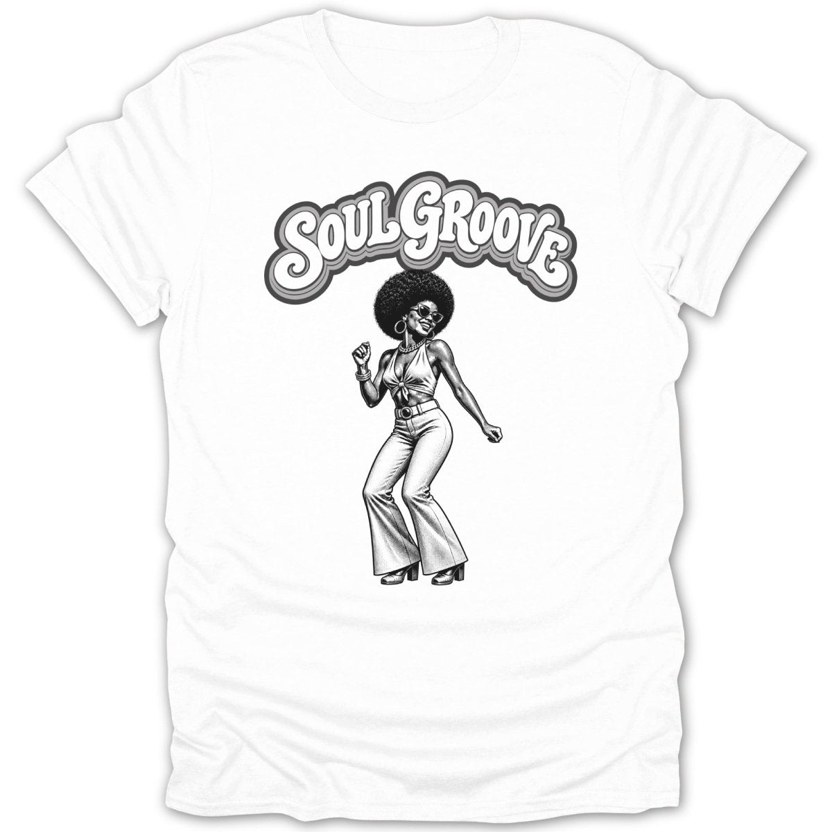 White t-shirt with "Soul Groove" text and a woman in 1970s attire dancing.