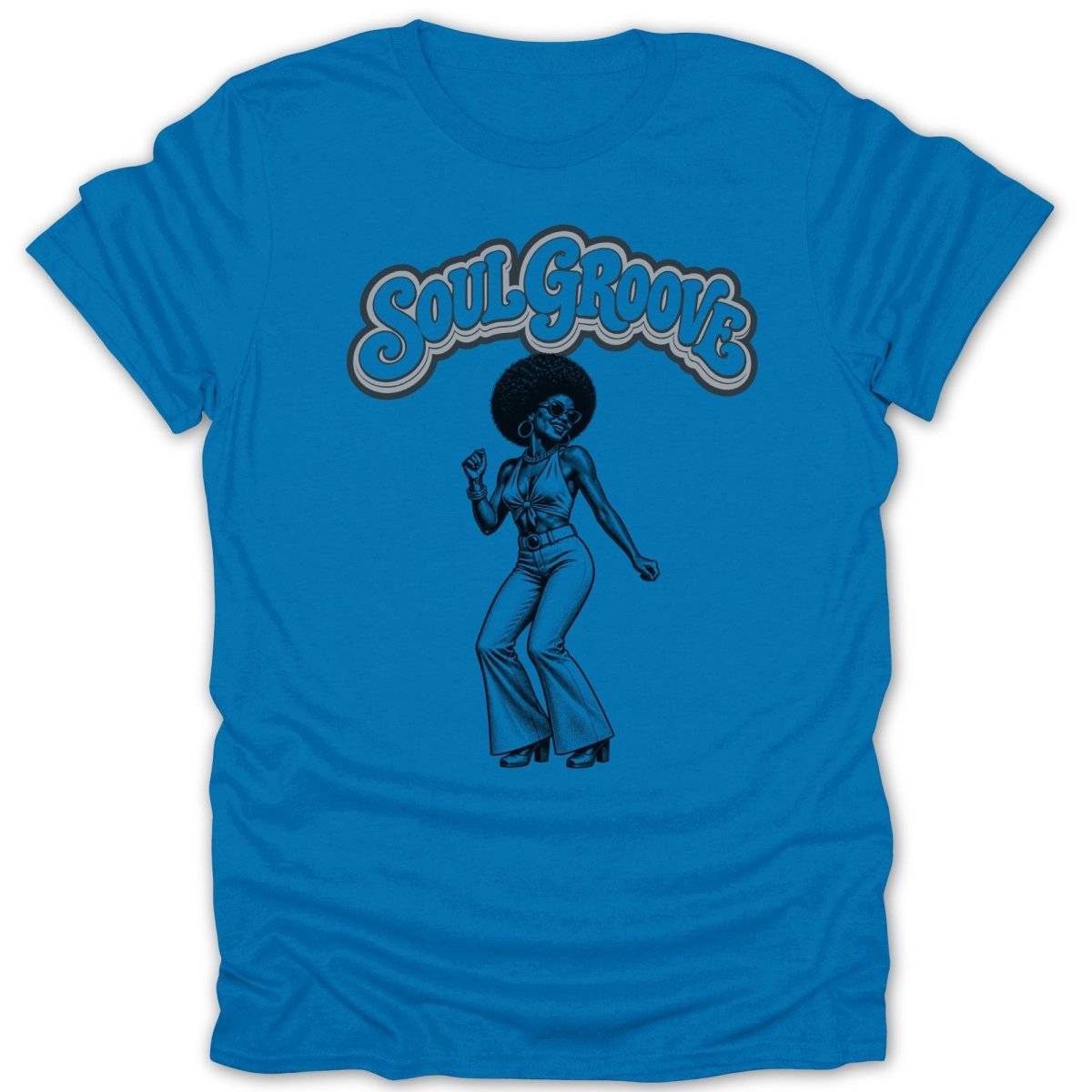 Blue t-shirt with "Soul Groove" text and a disco dancer illustration.