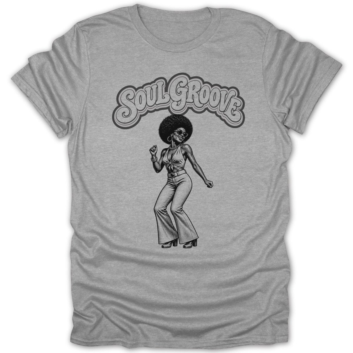 Grey t-shirt with "Soul Groove" text and a dancing woman with an afro.