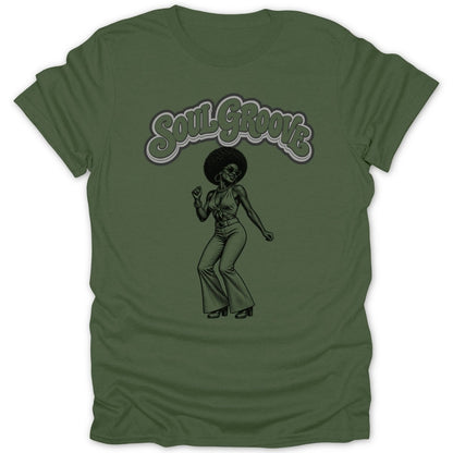 Green t-shirt with "Soul Groove" text and illustration of a dancing woman.