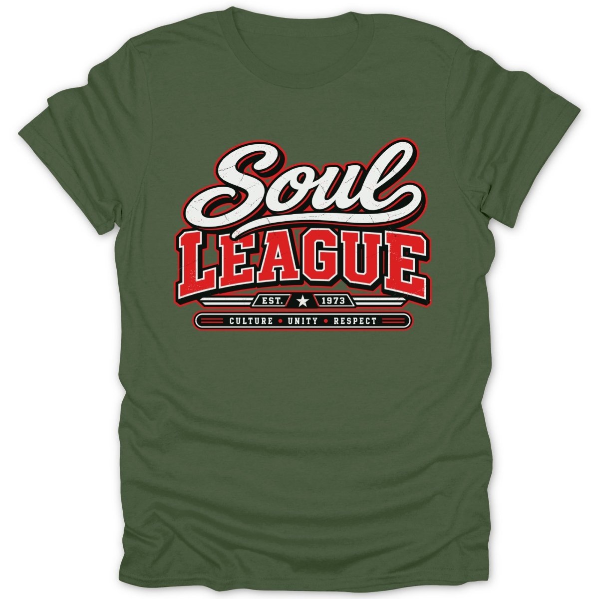 Green t-shirt with "Soul League" text, "Est. 1973", and "Culture Unity Respect" details.