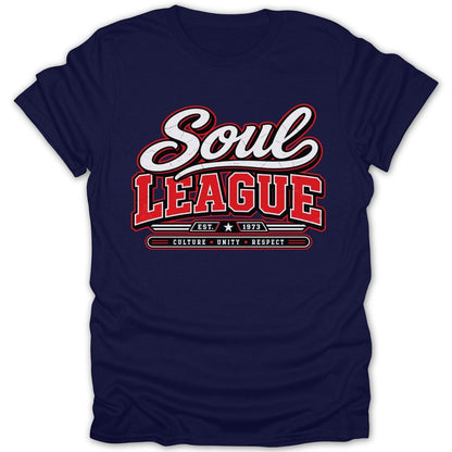 Navy t-shirt with "Soul League" and "Est. 1973 Culture Unity Respect" text.