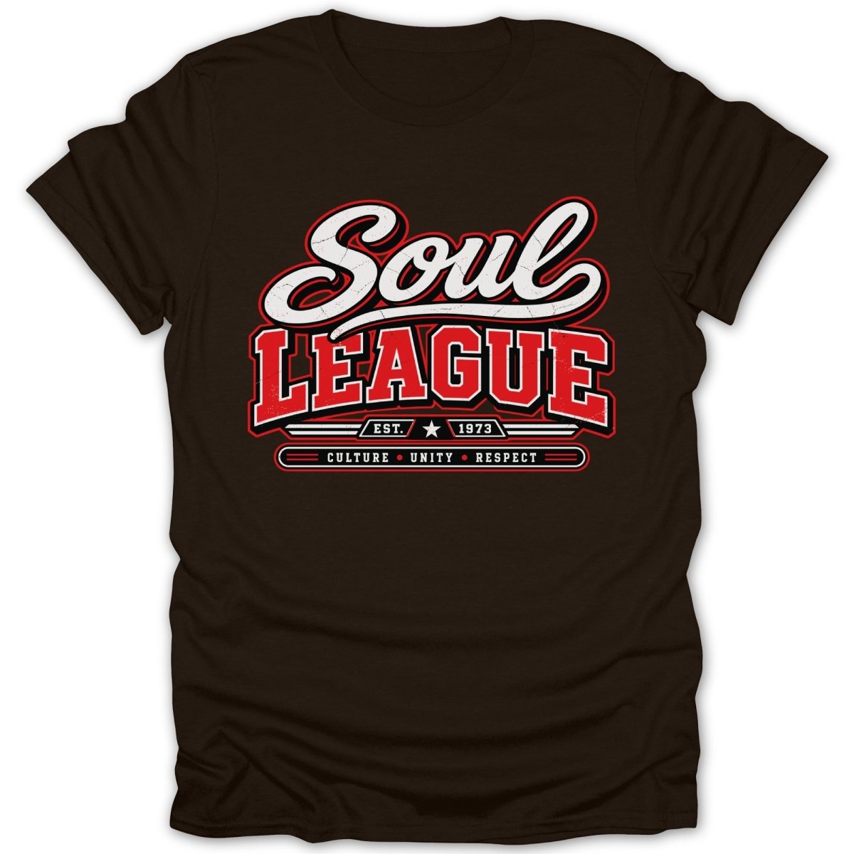 Brown t-shirt with "Soul League EST. 1973 Culture Unity Respect" graphic.