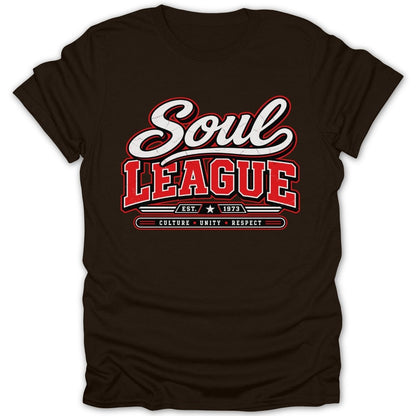 Brown t-shirt with "Soul League EST. 1973 Culture Unity Respect" graphic.