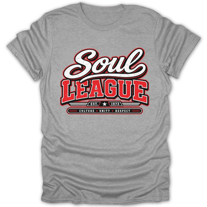 Grey t-shirt with "Soul League Est. 1973 Culture Unity Respect" graphic.
