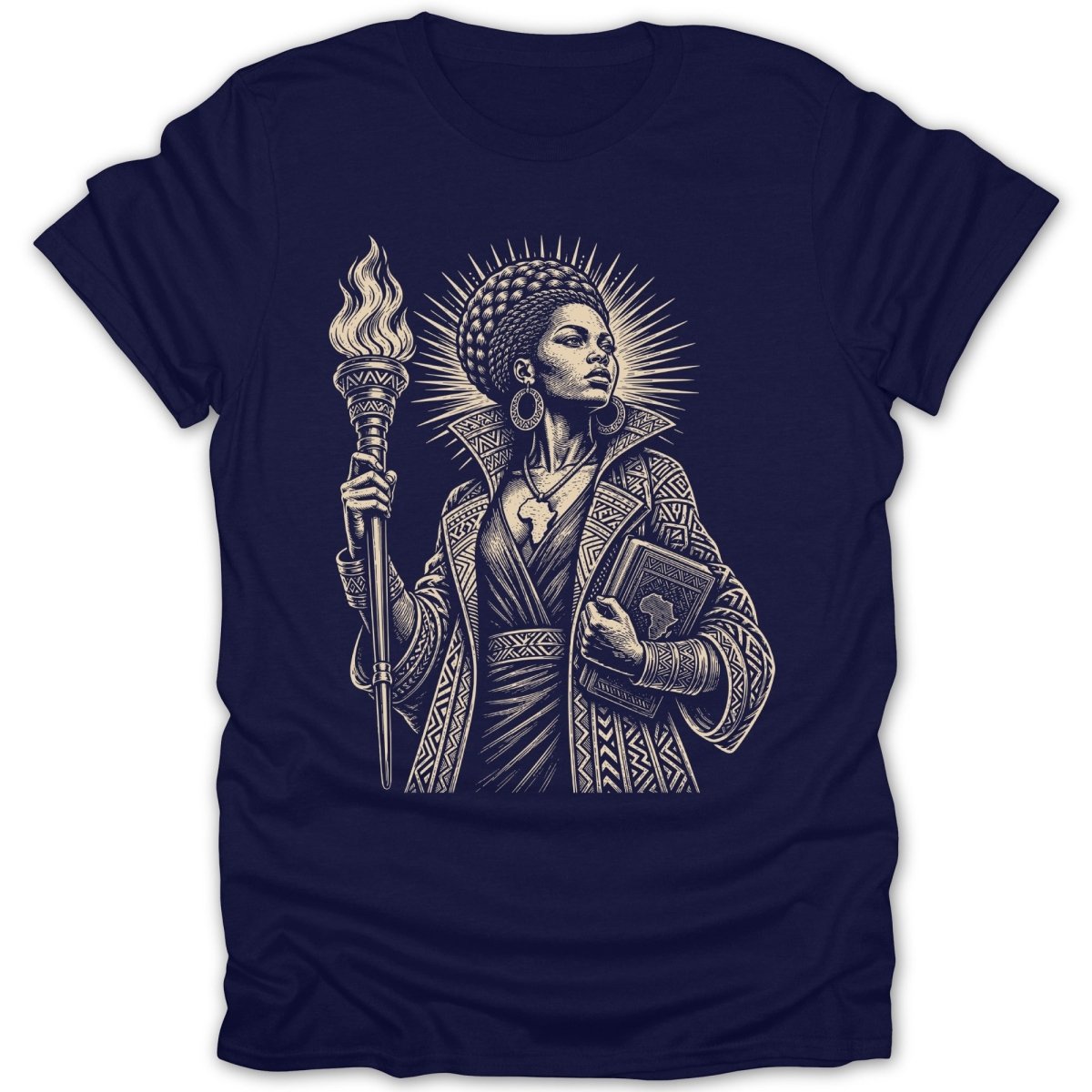 T-shirt with a detailed illustration of African woman holding a torch and book.