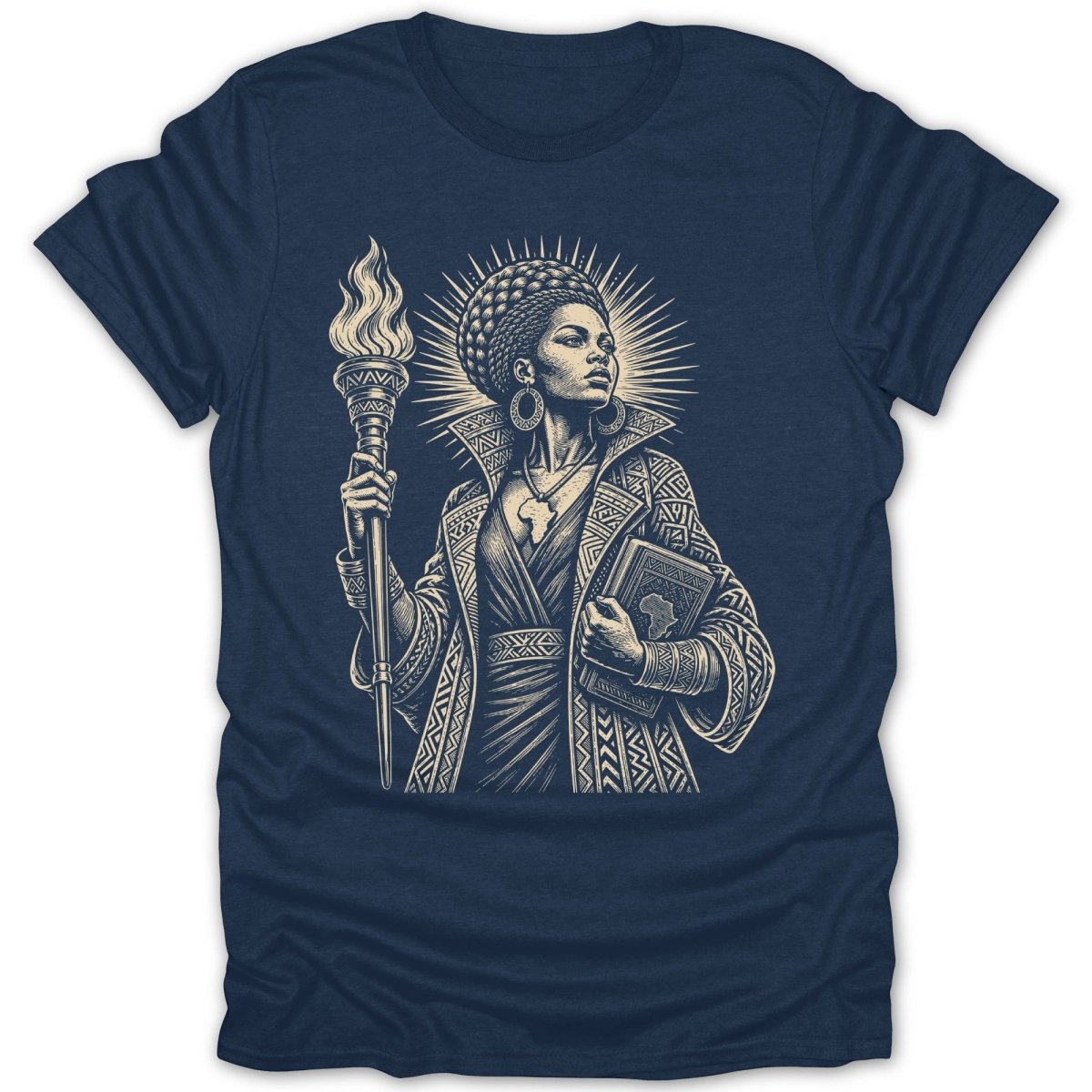 Illustration of a woman holding a torch and book, wearing a patterned coat.