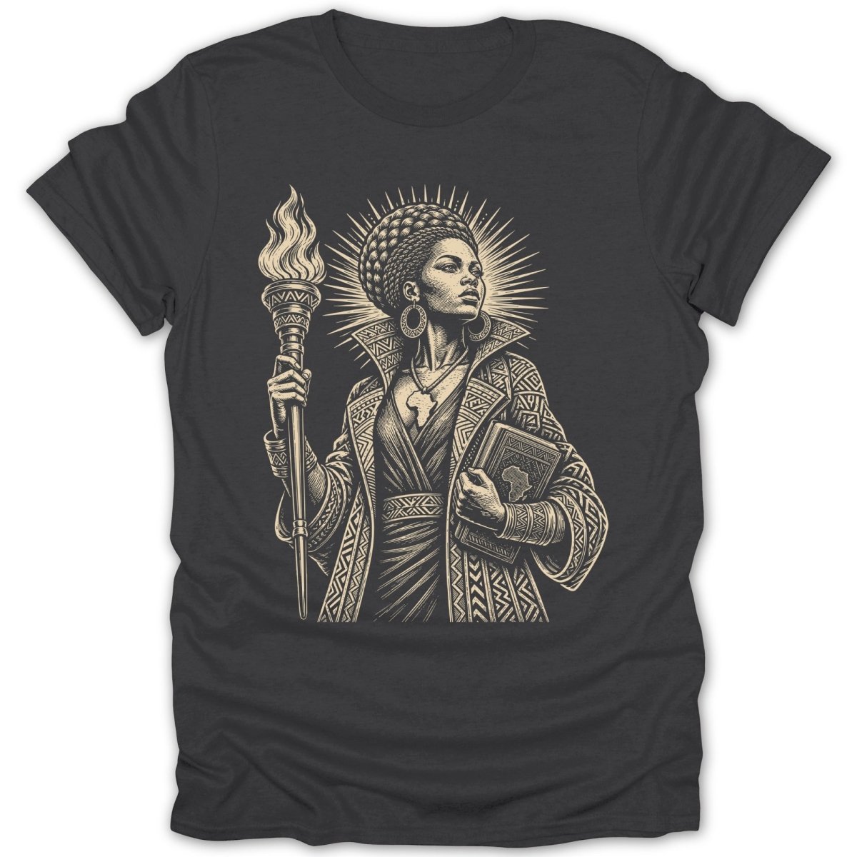 T-shirt graphic of a woman holding a torch and a book, with African-inspired clothing and headdress.