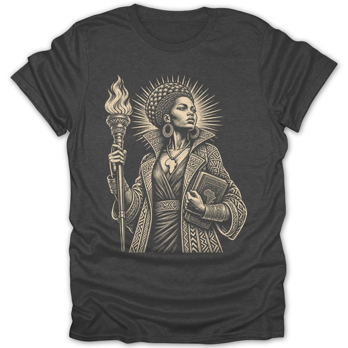Illustration of regal woman holding torch and book on charcoal t-shirt.