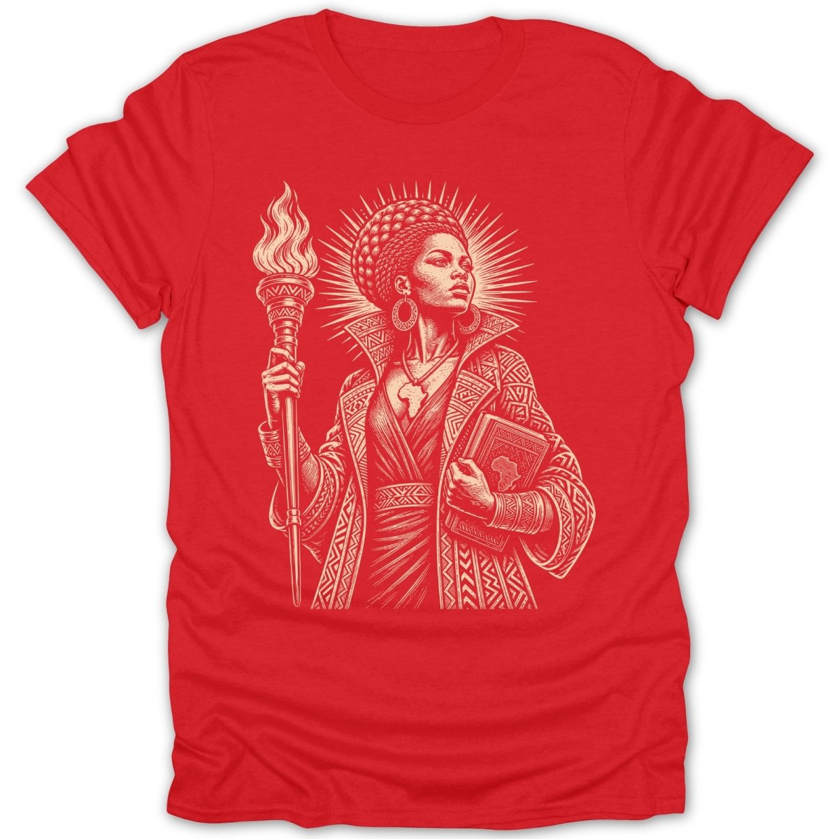 Woman holding torch and book with African map pendant on red t-shirt.