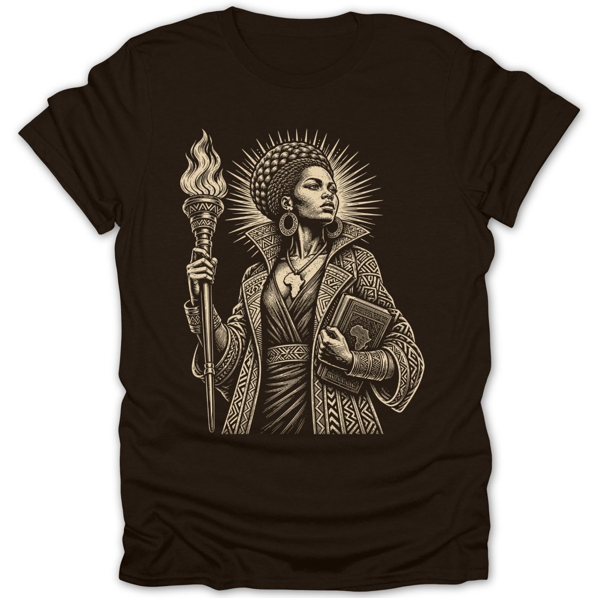 Illustration of a woman with a torch and book, on a brown t-shirt.