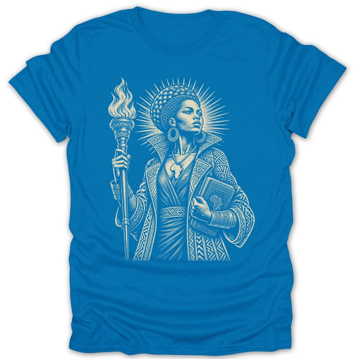 Illustration of a woman holding a torch and a book on a blue t-shirt.