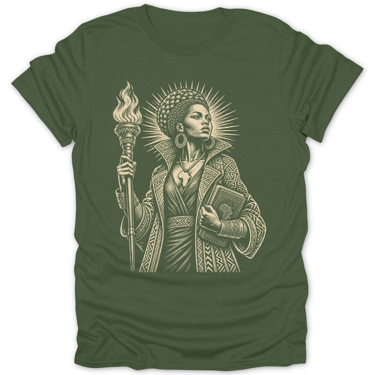 Illustration of a woman holding a torch and a book, wearing patterned clothing.