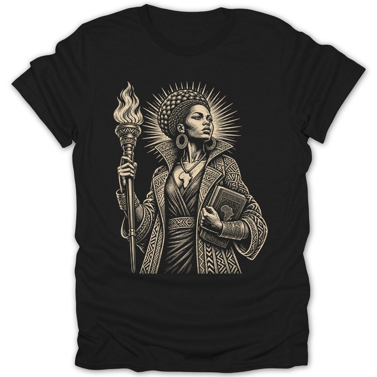 Illustration of a woman holding a torch and book on black t-shirt.