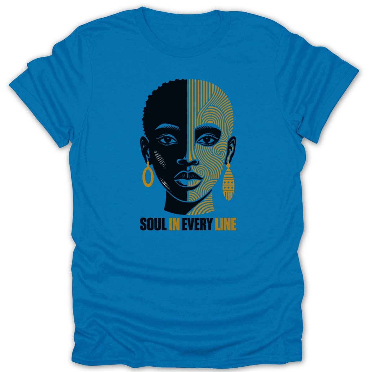 Blue t-shirt with black and gold abstract face graphic and "SOUL IN EVERY LINE" text.