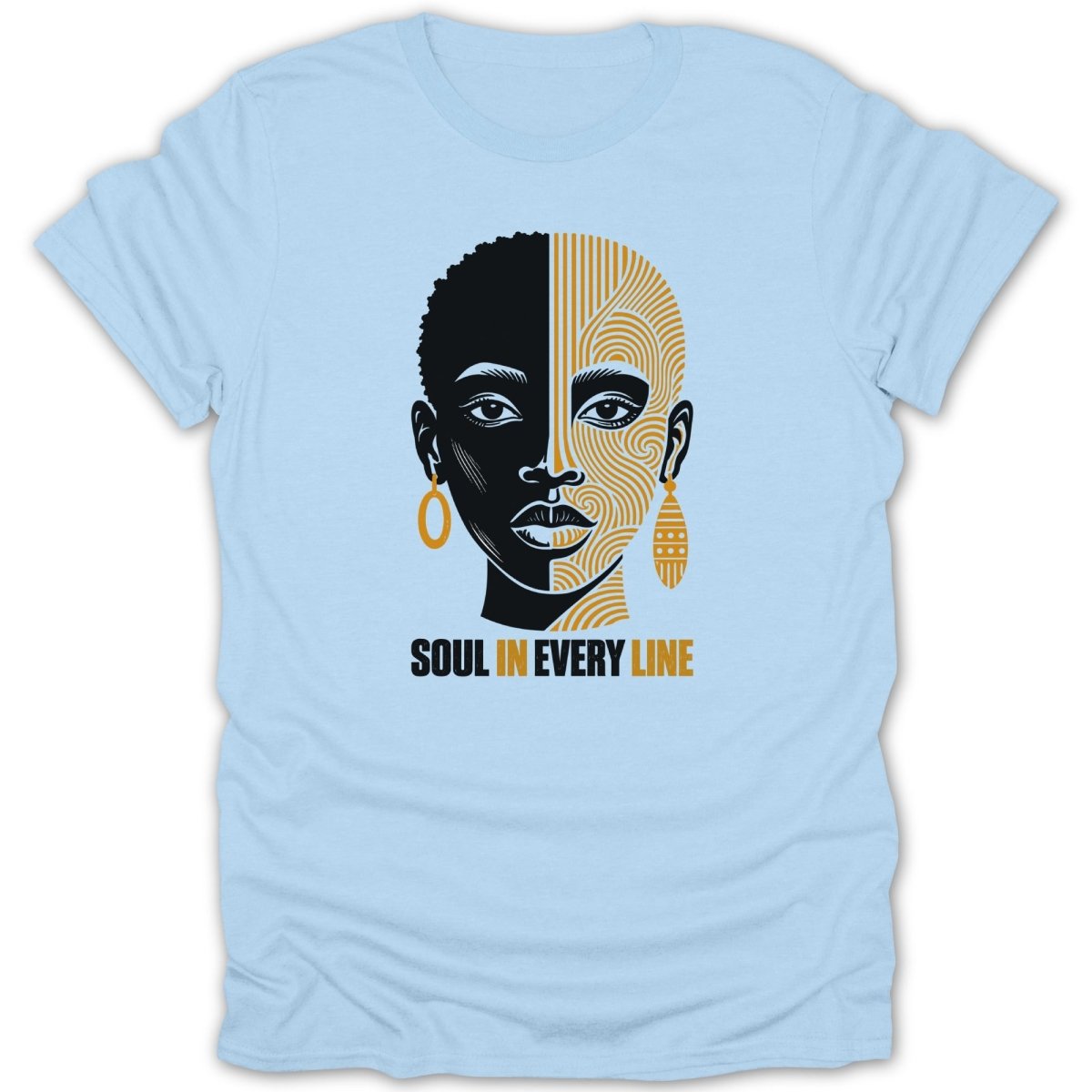 Light blue t-shirt with a graphic of a face split in black and orange lines with text.