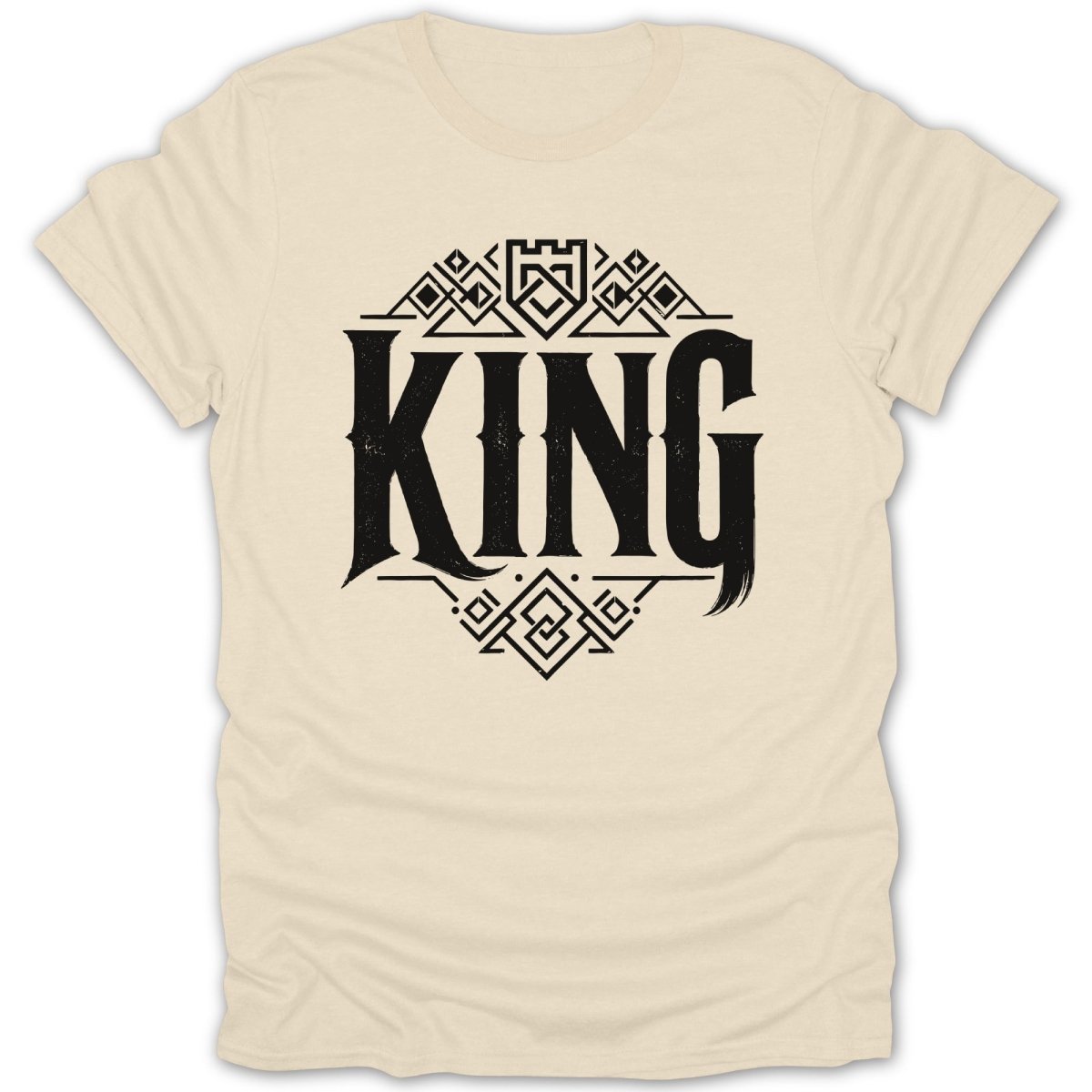 Cream t-shirt with black text "KING" in gothic font with ornate border design.