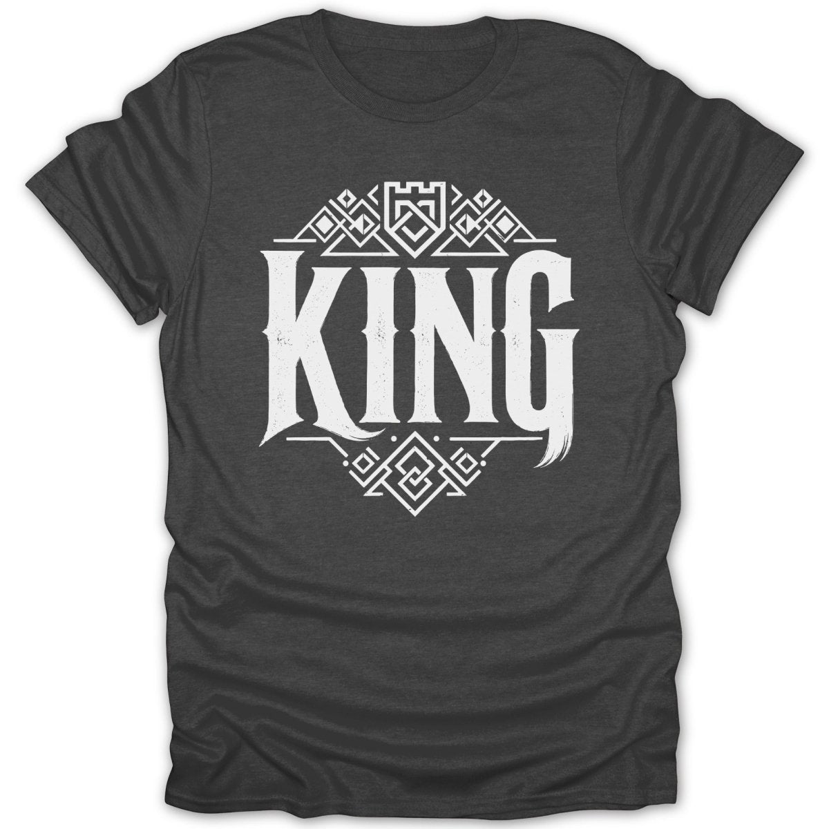 Dark grey t-shirt with "KING" in white distressed text and geometric design.