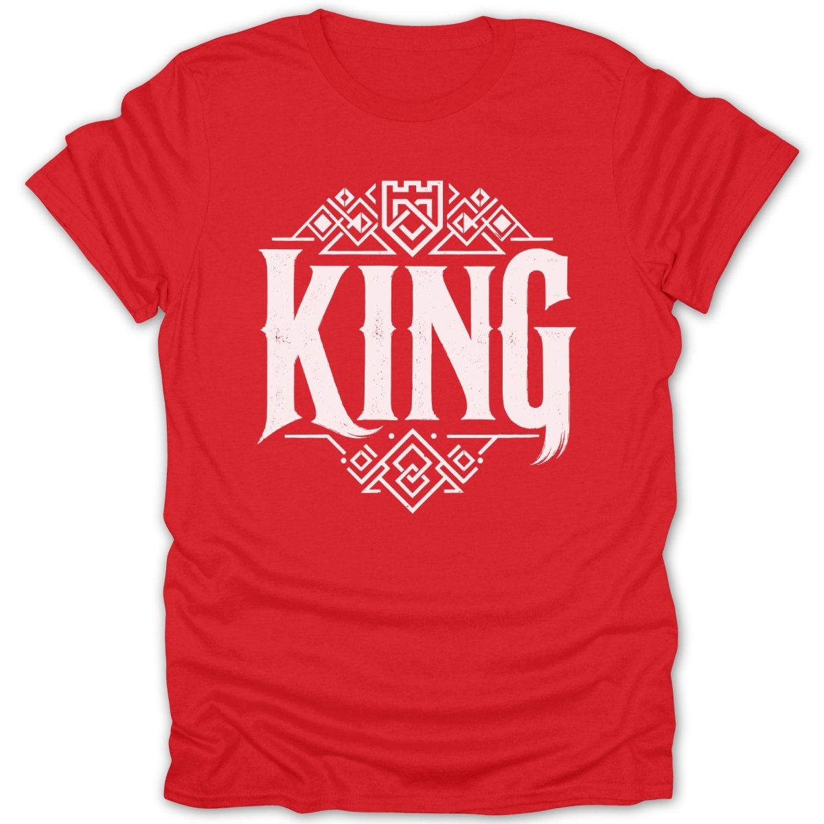 Red t-shirt with white "KING" text and ornamental geometric design.