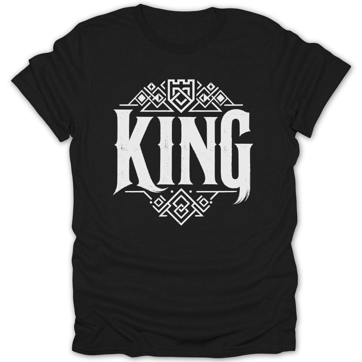 Black t-shirt with white "KING" text and geometric design.