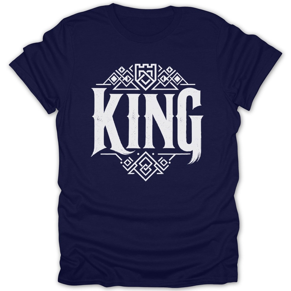 Navy t-shirt with white distressed "KING" text and decorative geometric design.