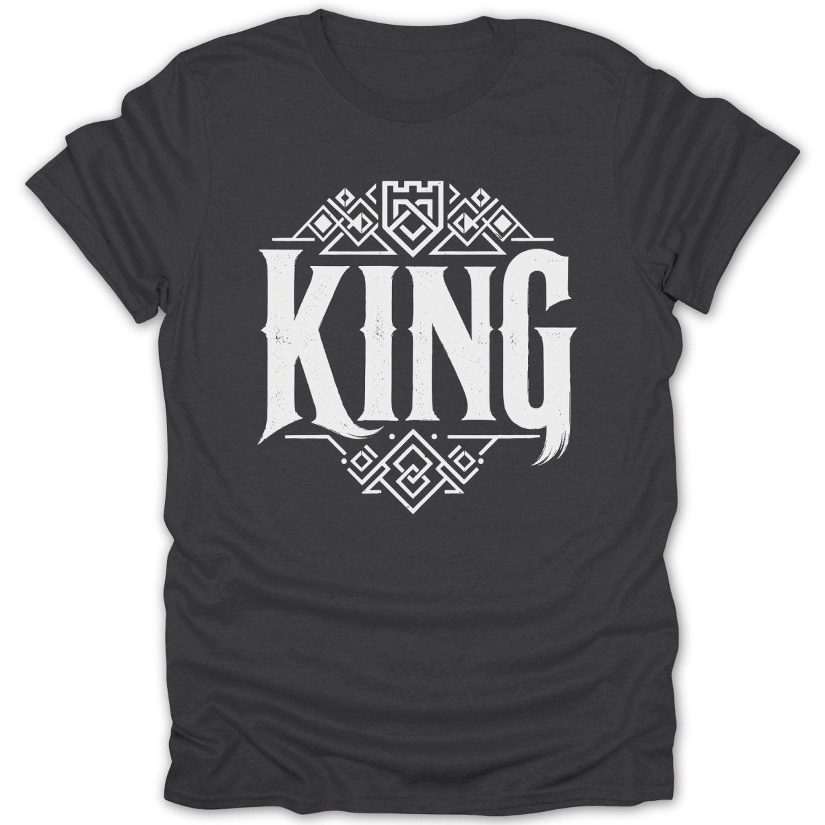 Dark grey t-shirt with white "KING" text in ornate font and geometric pattern.