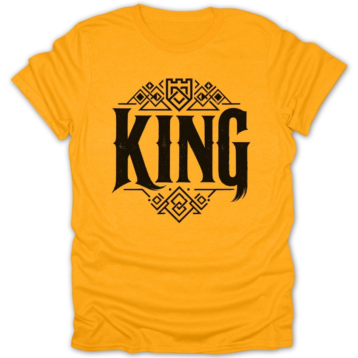 Yellow t-shirt with bold black "KING" text and ornate symmetrical design.