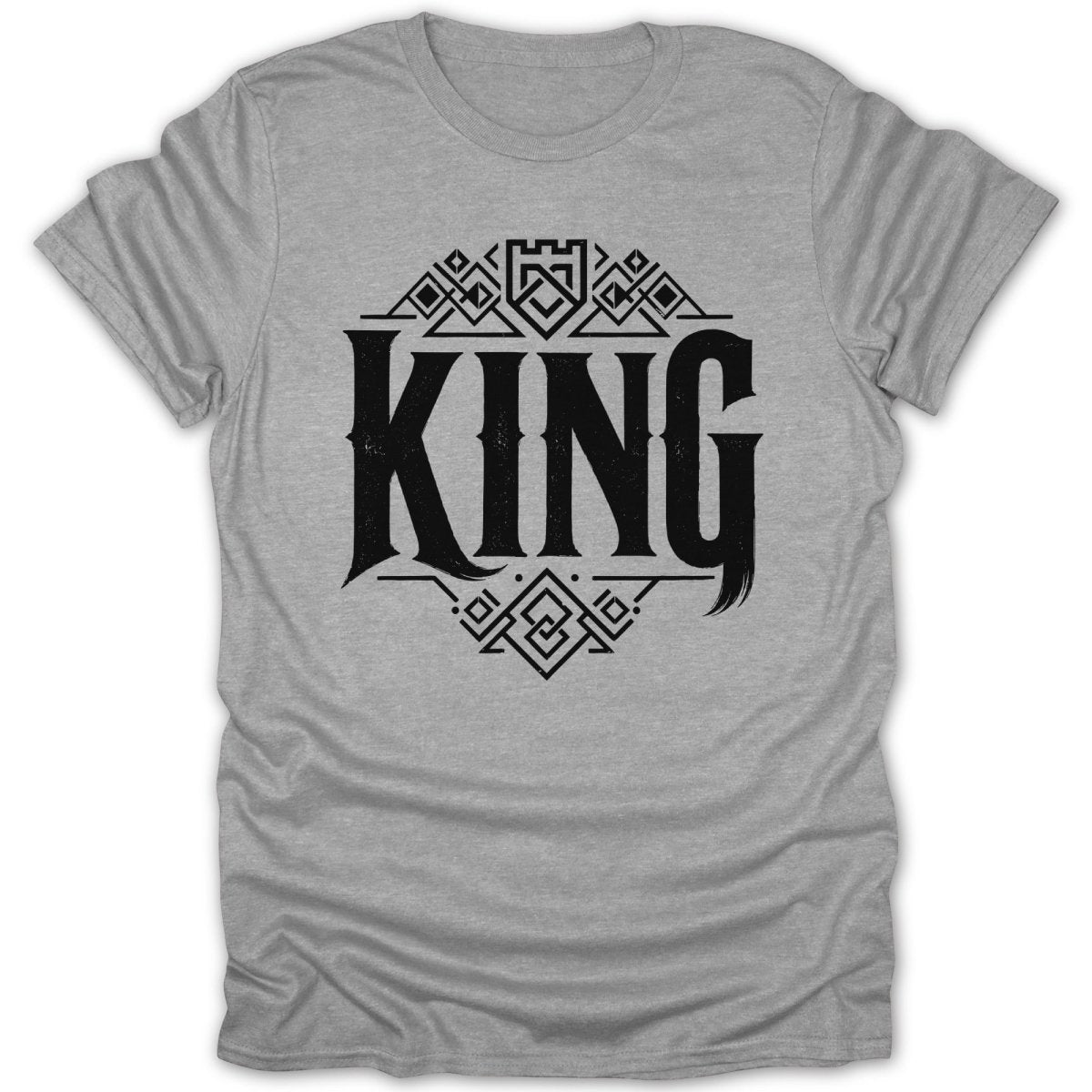 Gray t-shirt with "KING" in ornate black lettering and geometric designs.