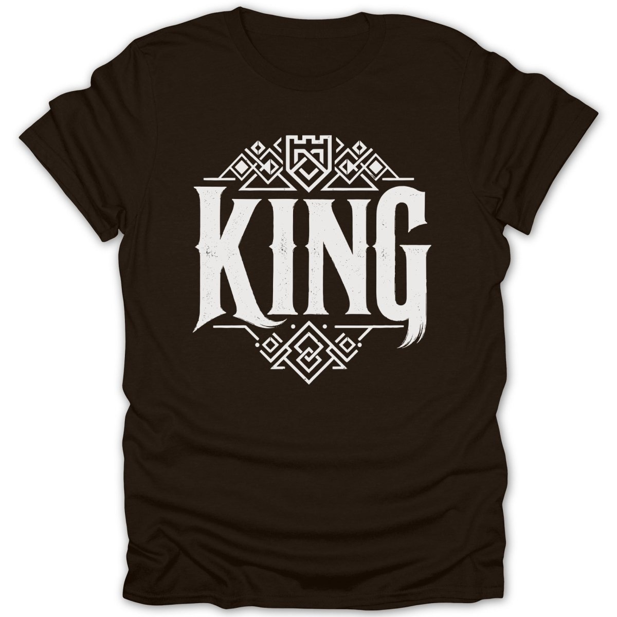 Brown t-shirt with white "KING" text and ornate geometric design.